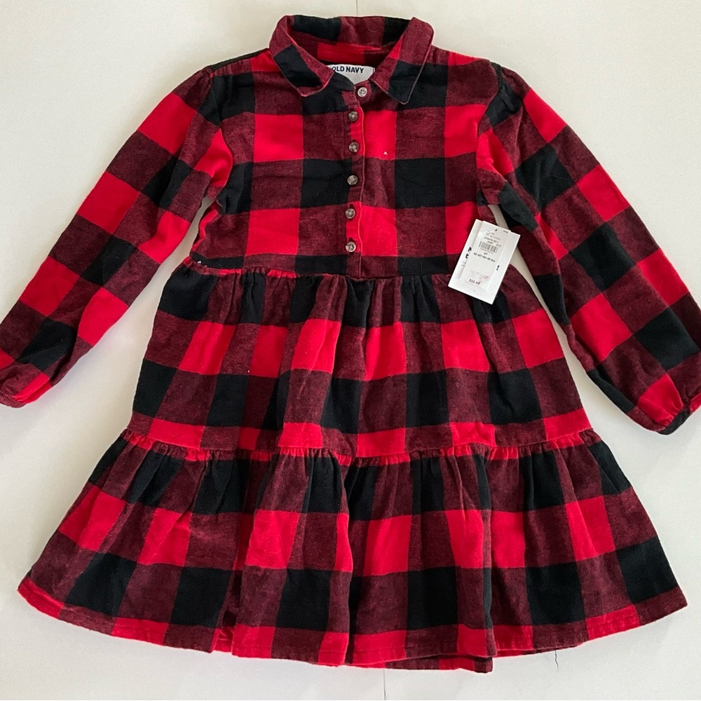Old Navy Red & Black Buffalo Plaid Tiered Dress Girls 5T